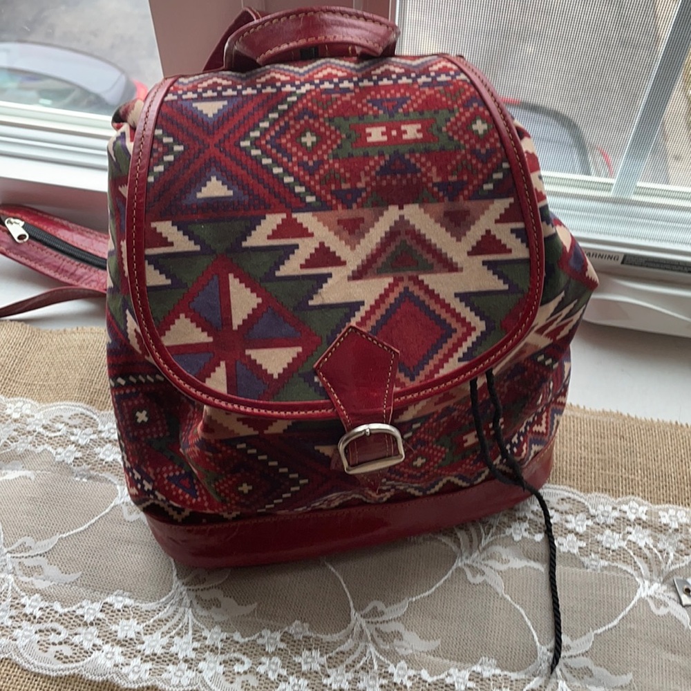 Bohemian backpack with North African print. Fabric plus leather.